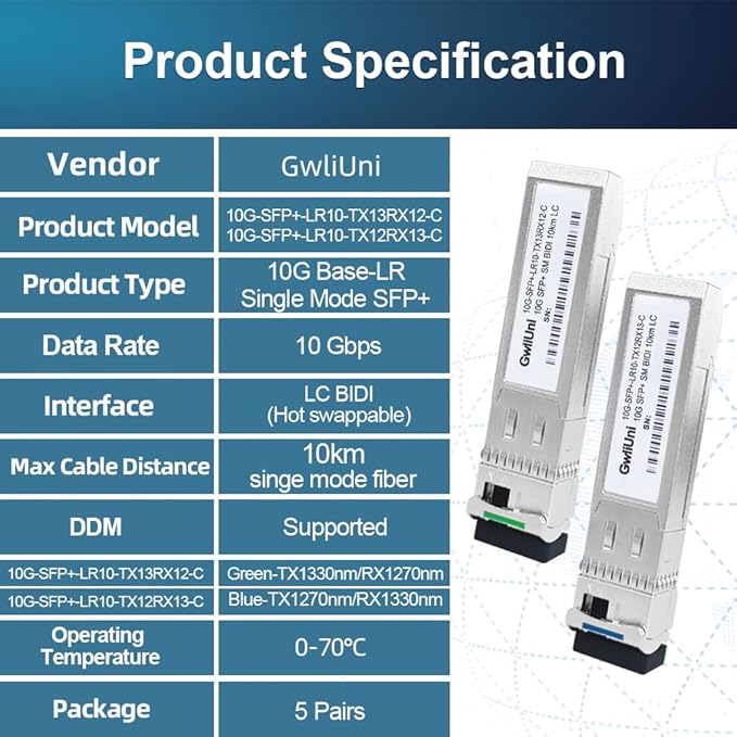 5 Pairs 10G BIDI SFP+ Single Mode Fiber Module Network Transceiver, LR SM 1270nm 1330nm 10km, Simplex LC Interface for Switch, Router, Firewall, Network Card, Server etc