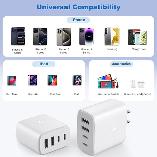 iPhone 17 Charger Cube Block,40W 2Pack 4Port PD USB C Charger Block Power Adapter+QC Wall Charging Plug Fast Charging Cube Multiport Brick for iPhone 17 Pro Max/iPhone 16/15/14/13/iPad Pro/Air/Samsung