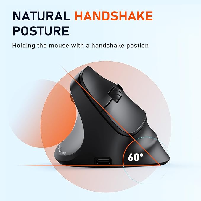 MEETION Left-Handed Mouse, Ergonomic Mouse Wireless Vertical Mouse, RGB Rechargeable Mice for Bluetooth(5.2 + 3.0) & USB-A with Type-c Adapter 4 Adjustable DPI for Mac/Windows/PC/Tablet/iPad Black