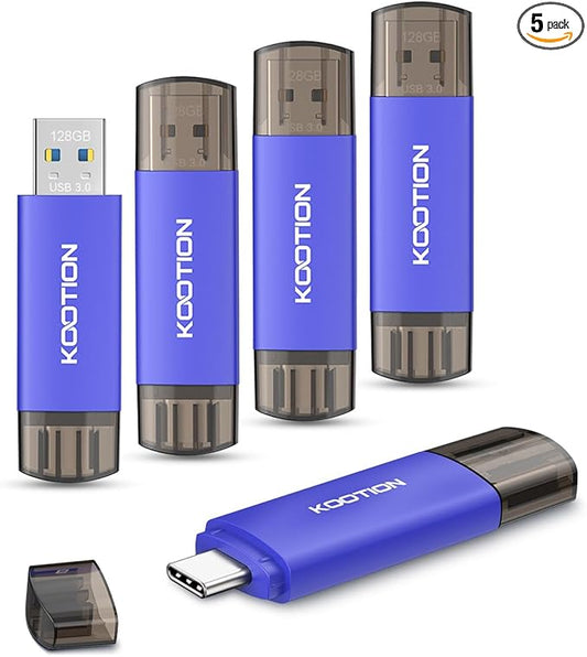 128GB USB C Flash Drive 5-Pack, KOOTION 2-in-1 Type-C Flash Drive USB-A&USB-C 3.0 Dual Drive OTG, Thumb Drive Memory Stick for Android Smartphone/Tablet/PC