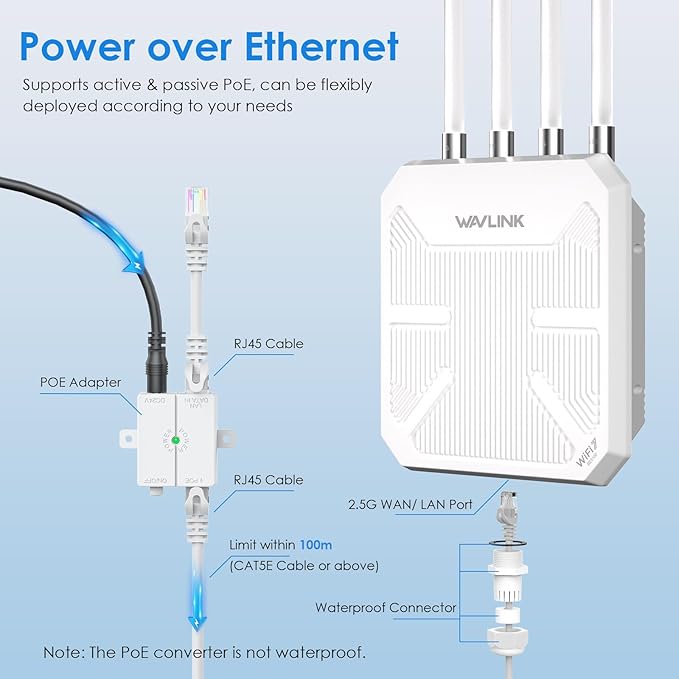 WAVLINK WiFi 7 BE5100 Outdoor WiFi Extender, Dual Band Long-Range Outdoor WiFi Repeater|Access Point|Mesh Router, POE Powered | IP67 Waterproof | 4 x 8dBi Antennas, 2.5 Gbps Ethernet, Up to 2800 sq.ft