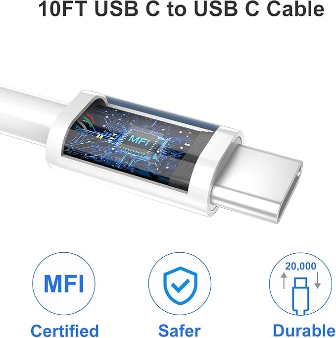 iPhone 15 Charger Fast Charging, 20W USB C Charger Block Plug Brick 10FT USB C to USBC Cable Cord Compatible with iPhone 15/15 Pro/15 Pro Max/15 Plus, iPad Pro 12.9/13/11inch,iPad Mini 6,iPad Air 4/5