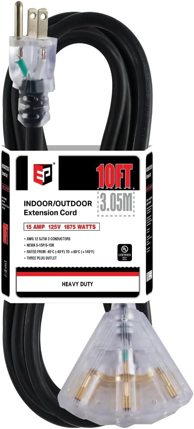 EP 10 Ft Lighted Outdoor Extension Cord with 3 Electrical Power Outlets - 12/3 SJTW Heavy Duty Black Extension Cable with 3 Prong Grounded Plug for Safety, UL Listed