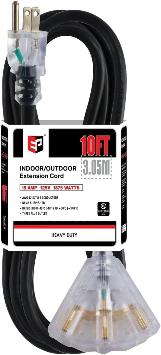EP 10 Ft Lighted Outdoor Extension Cord with 3 Electrical Power Outlets - 12/3 SJTW Heavy Duty Black Extension Cable with 3 Prong Grounded Plug for Safety, UL Listed
