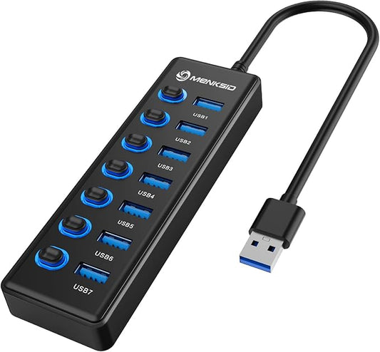 7-Port USB 3.0 Hub, Data USB Hub Splitter with Individual On/Off Switches and Lights, Compatible with Laptop, PC, MacBook, Mac Pro, Mac mini, iMac, Surface Pro and More