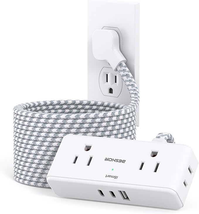 Extension Cord 15 ft, BESHON Flat Plug Power Strip, Long Power Strip, 4 Widely Outlets with 3 USB Ports (2 USB C), Extension Cord with Multiple Outlets for Home, Office, Dorm Room Essentials