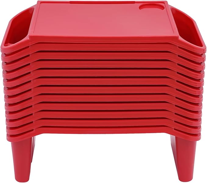 12PCS Kids Lap Desk Tray, Portable Plastic Activity Table, 19.69×9.84×7.1in Lap Bed Table with Storage Slots & Cup Holder, for Eating, Writing, Kids (Red)