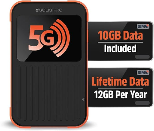 Solis Pro – Mobile 5G Hotspot and Power Bank, Bundle Includes Lifetime Data (12GB Per Year) and 10GB Global Data, Multi-Carrier, Wi-Fi 6E in140+ Countries, No Contract, Portable Internet by SIMO