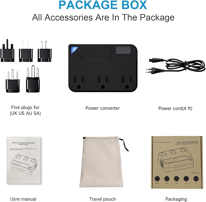 Universal 100V-220V Travel Converter，250W Voltage Converter with 2 USB and 2 USB-C Charging Ports and 3 AC Plugs for curlers, straighteners, Included Plugs are Type A, C, D, G, I, L