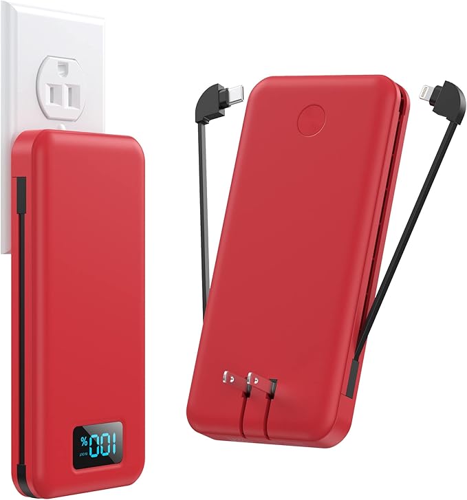 Portable Charger with Built-in Cables & AC Wall Plug,Ultra Slim 13800mAh USB-C Power Bank, 4 Output 2 Input LCD Display External Battery Pack Phone Charger Compatible with iPhone Samsung Android -Red