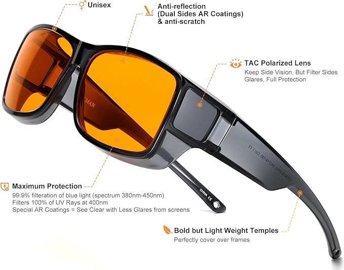 CAXMAN 99.9% Blue Light Glasses Sleep Glasses Orange Tinted Lens for Good Sleep Fit Over Glasses Fully Covered Your Eyes