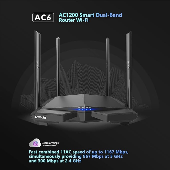 Tenda AC1200 Smart WiFi Router, High Speed Dual Band Wireless Internet Router with Smart APP, 4 x 100 Mbps Fast Ethernet Ports, Supports Guest WiFi, Access Point Mode, IPv6 and Parental Controls(AC6)