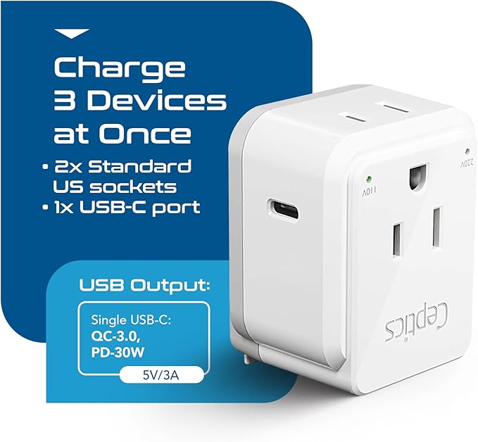 Ceptics World Travel Plug Adapter Set, Safe USB-C 3.0-2 USA Socket,30W PD & QC - Compact & Powerful - Use in Europe Includes Type A, B, C, E/F, G, I SWadAPt Attachments (PAK-30-WS)