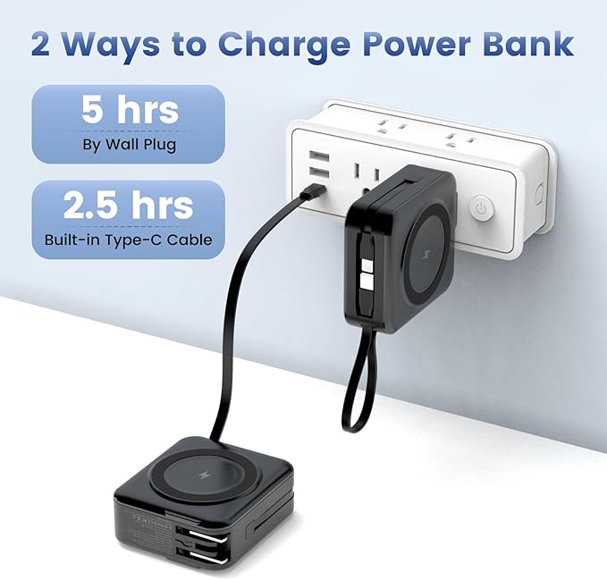 for Magsafe Portable Charger with AC Wall Plug, 6-in-1 Magnetic Wireless Power Bank 10000mAh Built-in Cables, 22.5W Type-C in&Out Fast Charging Battery Pack for iPhone 16/15/14/13/12 Series, Black