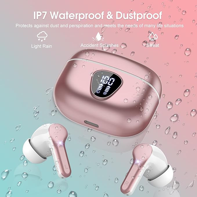 Wireless Earbuds, Bluetooth 5.4 Headphones HiFi Stereo, Bluetooth Earbuds with ENC Noise Cancelling Mic, IP7 Waterproof in Ear Earphones, 48H, LED Display Ear Buds for Pad Phones Workout, Rose Gold