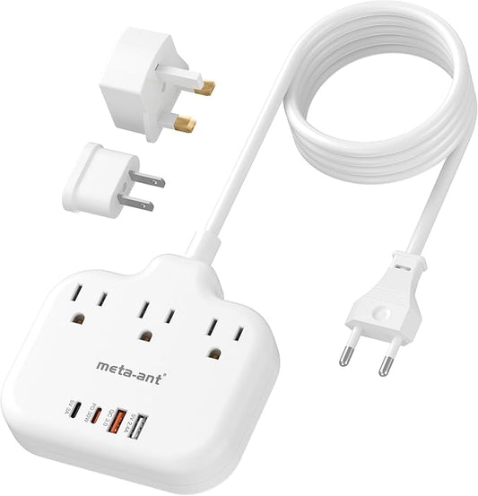 PD30W European Travel Plug Adapter, International Power Strip with 3 Outlets 4 USB Ports(2 USB-C), Universal Travel Adapter with 5ft Extension Cord for EU US UK Europe France Spain
