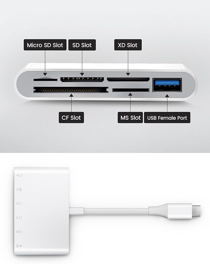 USB C SD Card Reader USB-C to SD MicroSD XD Picture MS Memory Stick Compact Flash Cards, Type C 6 Slots Trail Cameras Viewer Adapter for iPhone 15 16 iPad Mac Laptop MacBook More USBC Devices