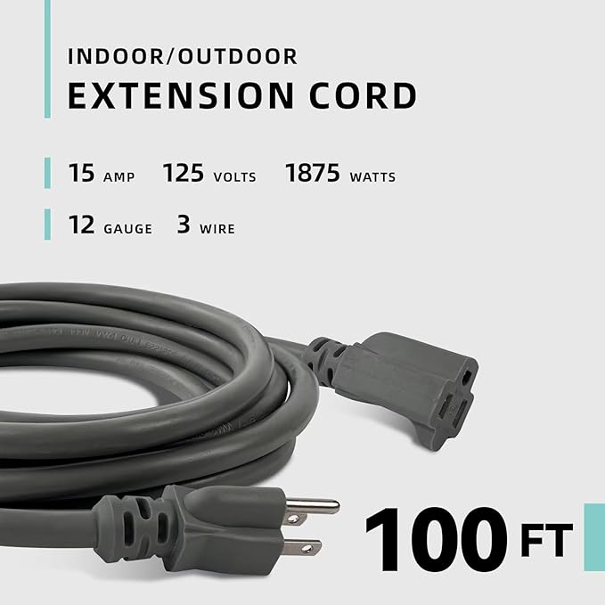 100ft Indoor Outdoor Extension Cord - 12/3 SJTW Heavy Duty Extension Cable with 3 Prong Grounded Plug for Safety -15Amp 1875W Gray Electric Cord Great for Garden, Appliances