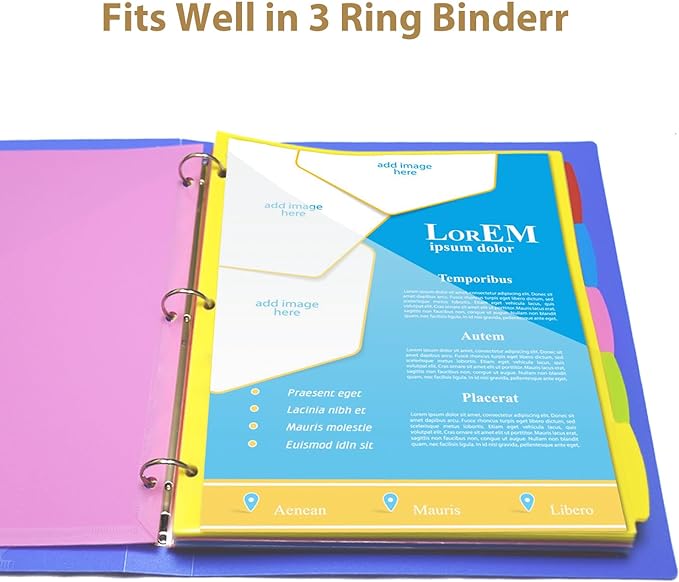 Plastic 5-Tab Dividers with Clear Front Pockets -2 Sets, Pocket Dividers for 3-Ring Binders, Multi-Color Binder Dividers, Total 10 Tabs