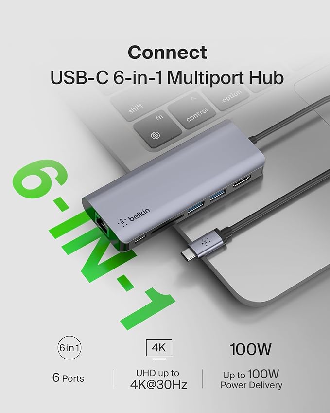 Belkin USB C Hub, 6-in-1 MultiPort Adapter Dock with 4K HDMI, USB-C 100W PD Pass-Through Charging, 2 x USB A, Gigabit Ethernet Ports and SD Slot for MacBook Pro, Air, iPad Pro, XPS and More