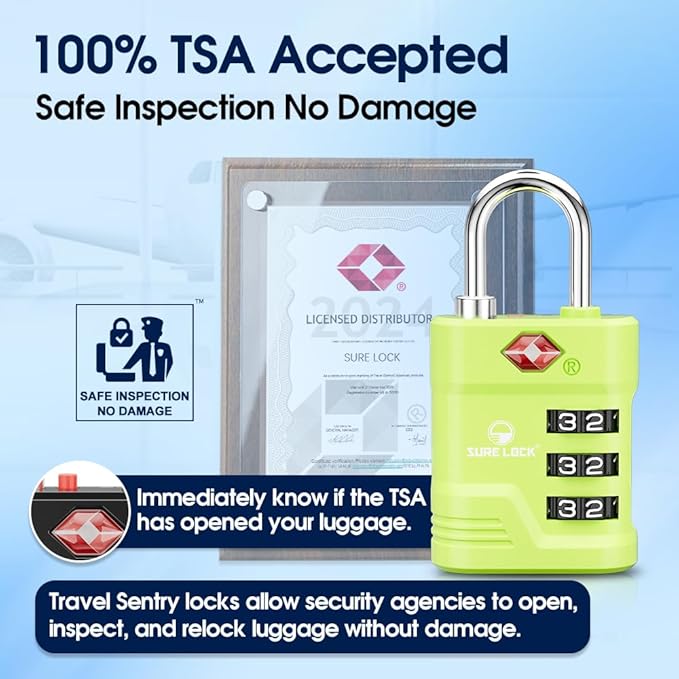 SURE LOCK TSA Locks for Luggage, TSA Approved Luggage Locks with Open Alert, 008 Key for High Security, Easy Read Dials, Zinc Alloy Body, Locker Lock for Suitcase, Gym, Travel. (Green 2 pk)
