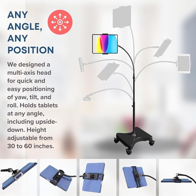 LEVO Adjustable Height Floor Stand on Wheels - Black with Casters - Tablet & Phone Holder with Gooseneck Mount, Stable Base - Compatible with All Cell Phones & Tablets (4-13 inch)