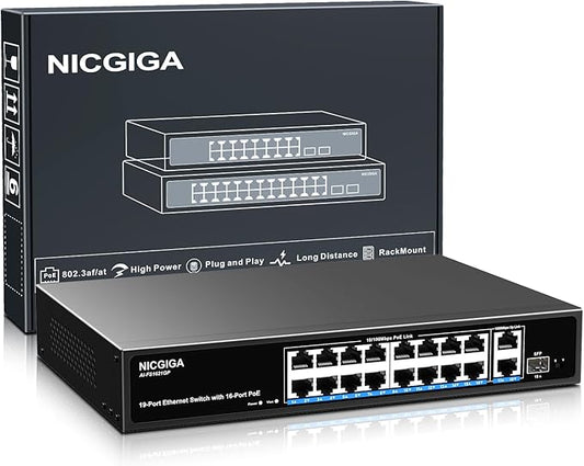 16 Port PoE Switch Unmanaged, 16 Port PoE+@250W, 2 Gigabit Uplink Ports, 1 SFP Port, NICGIGA 19 Port Network Power Over Ethernet Switch, VLAN Mode, AI Watchdog 19 inch RackMount, Plug and Play.