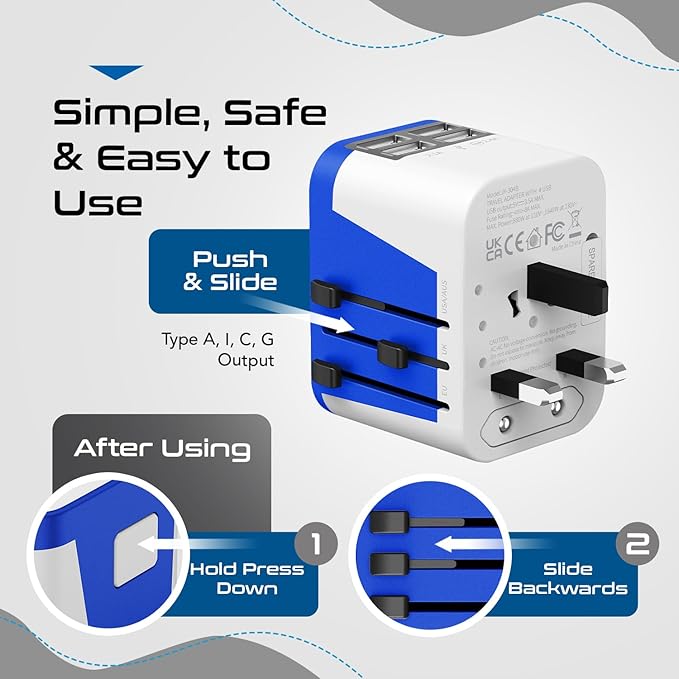Ceptics Universal Travel Adapter Plug World Power W/ 4 USB Ports - Charge Cell Phones, Smart Watches, iPhones - For International Europe, China, UK, UAE, Australia - Type A, C, G, I