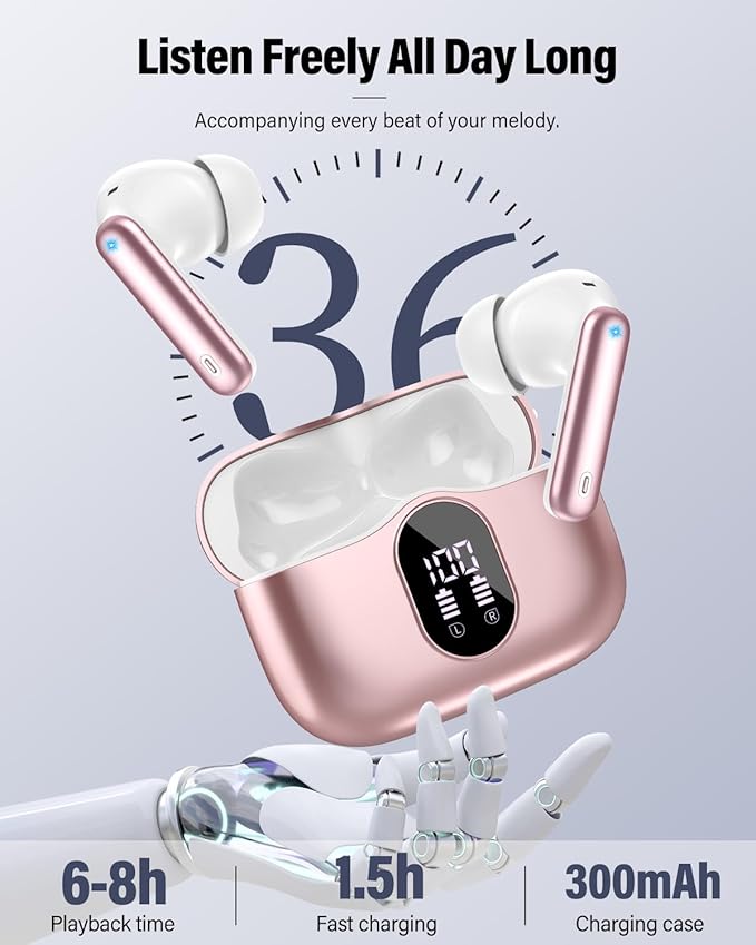 Wireless Earbuds, Bluetooth 5.4 Headphones Bass Stereo, Ear Buds with Noise Cancelling Mic, LED Display in Ear Earphones Clear Calls, IP7 Waterproof Bluetooth Earbuds for Laptop/Phones, Rose Gold