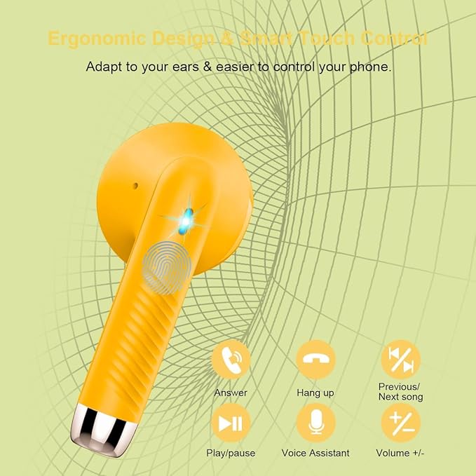 Wireless Earbuds, Bluetooth 5.4 Earbuds Stereo Bass, Bluetooth Headphones in Ear Noise Cancelling Mic, Earphones IP7 Waterproof Sports, 32H Playtime USB C Charging Case Yellow Ear Buds for Android iOS