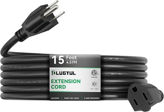 PLUGTUL Outdoor Extension Cord 15 FT Waterproof, 16/3 Gauge Black Heavy Duty 3 Prong Extension Cord, 13A 1625W SJTW, ETL Listed, Great for Garden and Home
