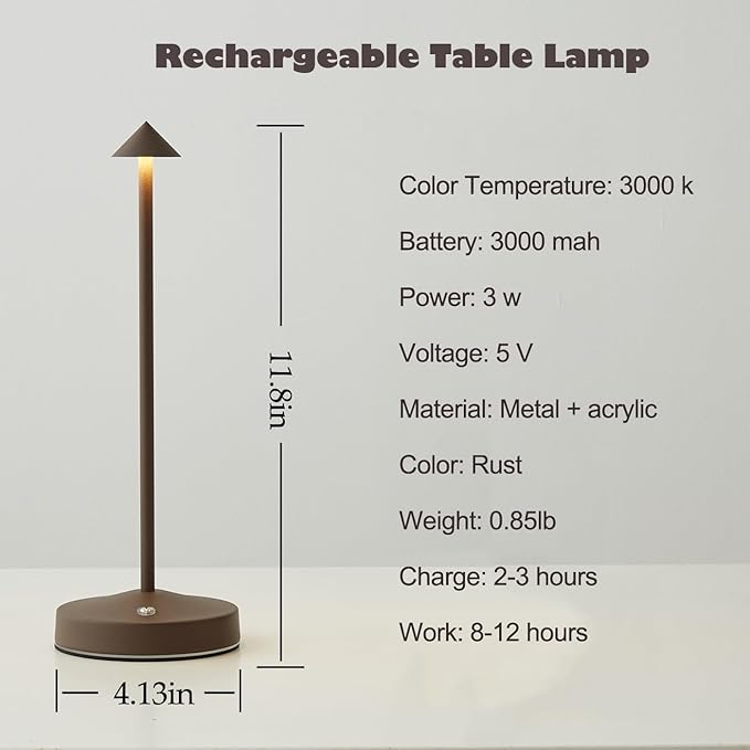 Rechargeable Cordless Table Lamps,Modern Battery Operated Table lamp,Portable LED Touch 2 Levels Brightness Dimmable Bar Lamp,Small Lamp in Aluminum for Bars,Restaurant,Living Room(Rust)