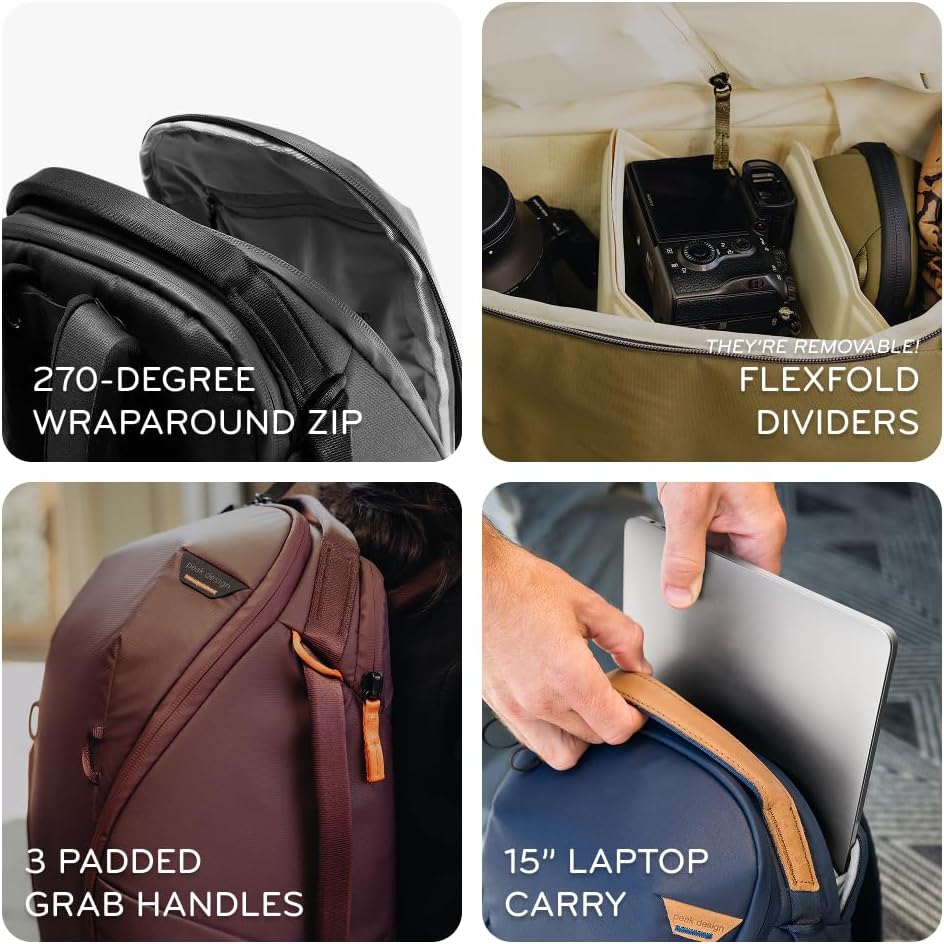 Peak Design Everyday Backpack Zip 20L, Eclipse, 270-Degree Zip, Dual Side Pockets, FlexFold Dividers, Fits 15" Laptop, For Camera Carry, Daily Commutes or Travel, Versatile Backpack for Men and Women