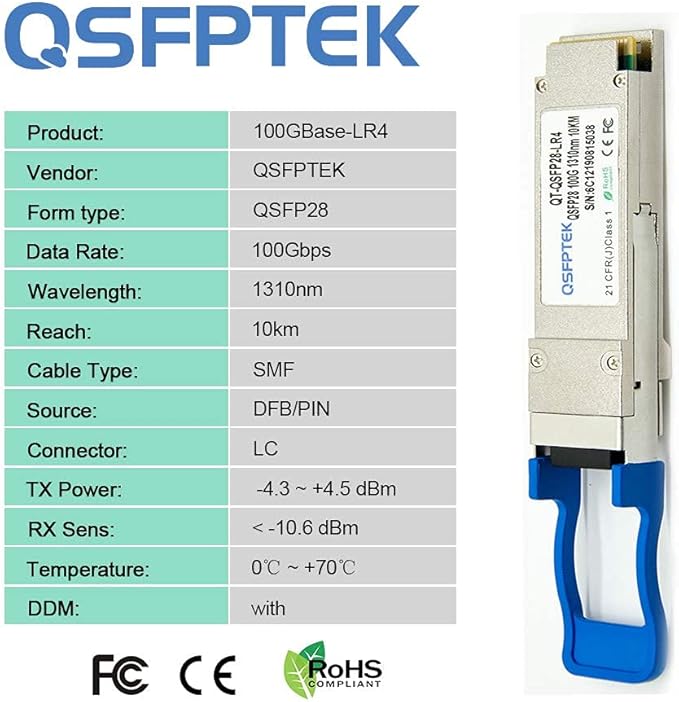 QSFPTEK 100G QSFP28 Transceiver LC Single-Mode 100GBASE-LR4 Module for Mellanox MMA1L10-CR (1310nm, 10km, with DDM)