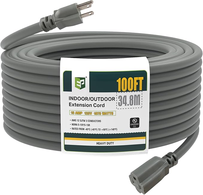EP 100 Ft Outdoor Extension Cord, 12/3 SJTW Heavy Duty Extension Cable with 3 Prong Grounded Plug, 15 AMP Power Cord for Lawn, Garden, Appliances, Gray
