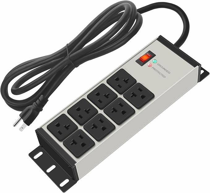 CCCEI Heavy Duty Power Strip Surge Protector 20 AMP, 8 Outlets 12 Gauge Industrial Shop Garage Metal Multiple Outlets, 10 FT Extension Cord 5-15P Adapter High Amp 6-20R T-Slot 20a for Appliance