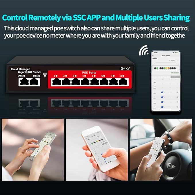 STEAMEMO 10-Port Gigabit Managed PoE Switch, 8 PoE+ Ports@120W, 2 Uplink Ports, VLAN, PoE Scheduler, Fanless, Plug and Play, Sturdy Metal, Desktop and Wall-Mount