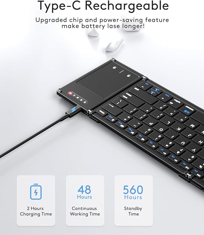 Samsers Foldable Bluetooth Keyboard with Touchpad, Full-Size Dual-Mode Wireless Folding Keyboard, Rechargeable Portable Travel for iOS Windows Android Mac OS, Support 4 Device(BT5.1x3 + 2.4G)