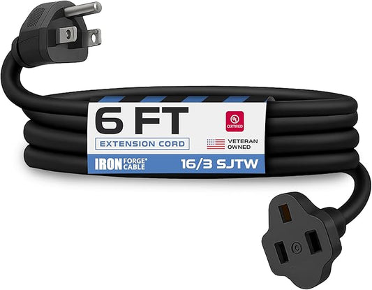 Iron Forge Cable 6 Ft Black Extension Cord, 16/3, 6 Foot Extension Cord, 3 Prong, Weatherproof - Great for Outside Use