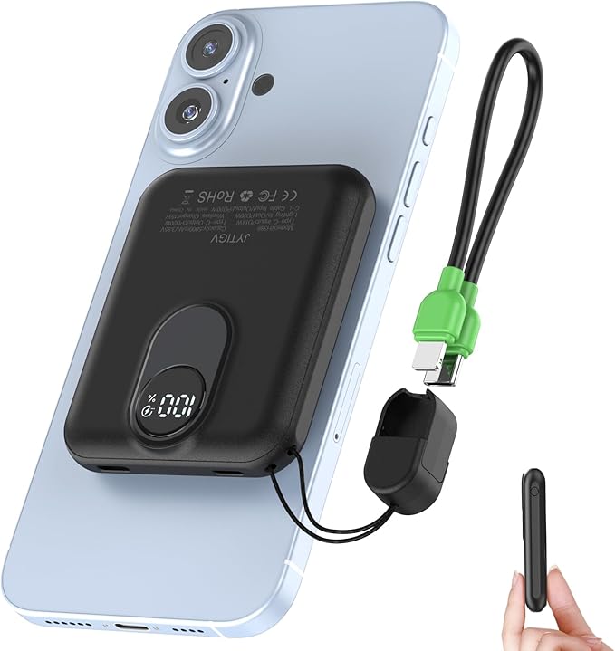 Small Magnetic Power Bank,5000mAh Mag-safe Battery Pack with 20W Fast Charging Detachable USB C&iOS cable,with LED Display,Slim Wireless Portable Charger for iPhone16/15/14/13/12 Series (Black)