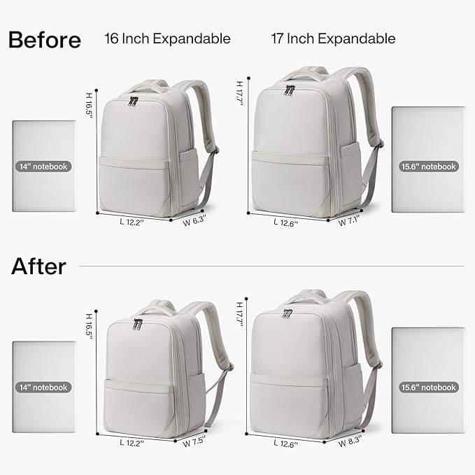 Hanke Expandable Travel Backpack 16 Inch, Full-Open Laptop Backpack Fits 15.6 Inch, Carry On Personal Item Bag with Luggage Strap, Business Work Backpack for Women Men, Greyish White