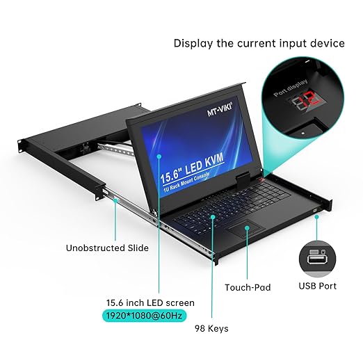 MT-VIKI 16-Port HDMI LCD KVM Console, 1U Rack Mount with 15.6'' LCD Monitor, 1080P@60Hz + 16 KVM Cables, for Short-Depth & Standard Rack