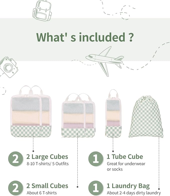 Narwey 6 Set Compression Packing Cubes for Travel Kids Women Carry on, Packing Organizers Bag for Backpack Luggage Suitcase Duffle Bags