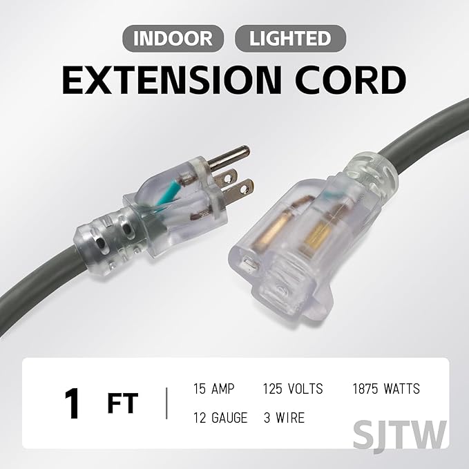 EP 1 Ft Lighted Extension Cord - 12/3 SJTW Heavy Duty Grey Extension Cable with 3 Prong Grounded Plug - Power Cord for Lawn, Garden, Appliances