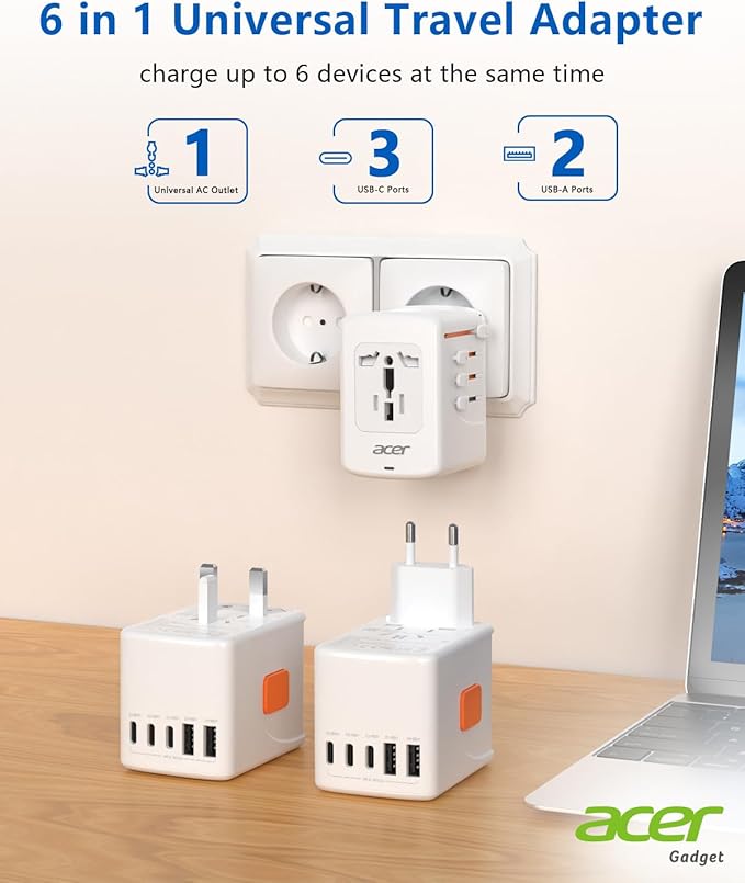 Acer Universal Travel Plug Adapter - International Power Adapter with 5 USB Ports (3 USB C) 5.8A, Worldwide Outlet Charger for USA to European UK France Germany Spain, Type C/E/F/G/I/L/A, White