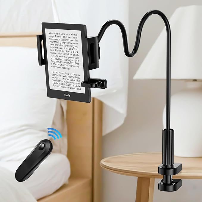 Kindle Holder with Remote Page Turner - Read in Bed Without Blocking Text or Adjusting Margins - Reduce Neck Strain - Quiet Page Turning for Kindle, iPad, iPhone