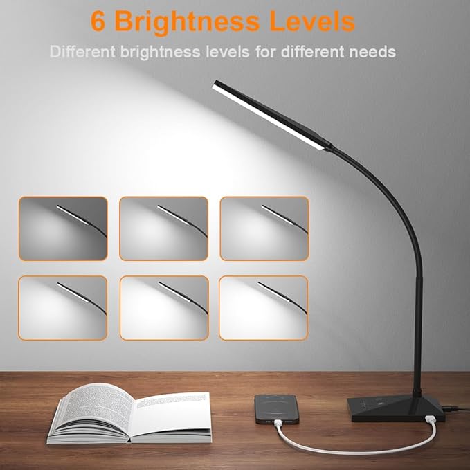 Vansuny LED Desk Lamp with USB Charging Port, Eye-Caring, 5 Color Modes,6 Brightness Levels, Touch Control, Flexible Gooseneck, Memory Function for Dorm Office Work Bedroom (12W,Black)