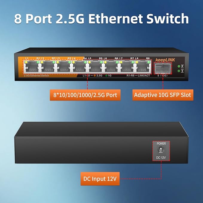 8 Port 2.5G Switch Unmanaged, Ethernet Switch with 8 x 2.5G Base-T Ports, 1 x 10G Base-T SFP Slot, 60Gbps Switching Capacity, Plug & Play, Fanless Metal, Wall Mountable