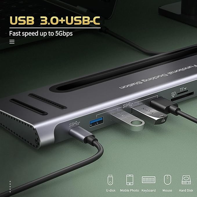 USB C Docking Station,Onten USB-C to Dual HDMI Adapter HUB .12-in-1 USB-A 3.0, USB-C 3.0 Gigabit Ethernet Dual-solt sd/tf Card Reader,PD 100w Charger (DP Alternative Mode Required)