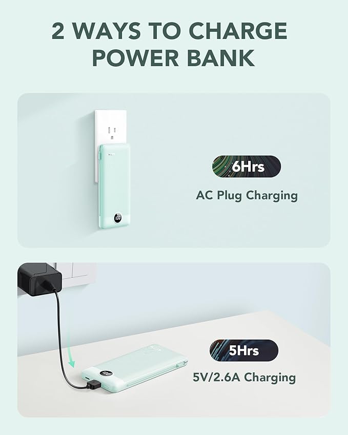 VRURC Portable Charger Built-in Cables and AC Wall Plug, USB C Power Bank 10000mAh, Travel Battery Portable Phone Charger Compact Lightweight External Battery Pack for Smart Phones, Tablets etc-Green